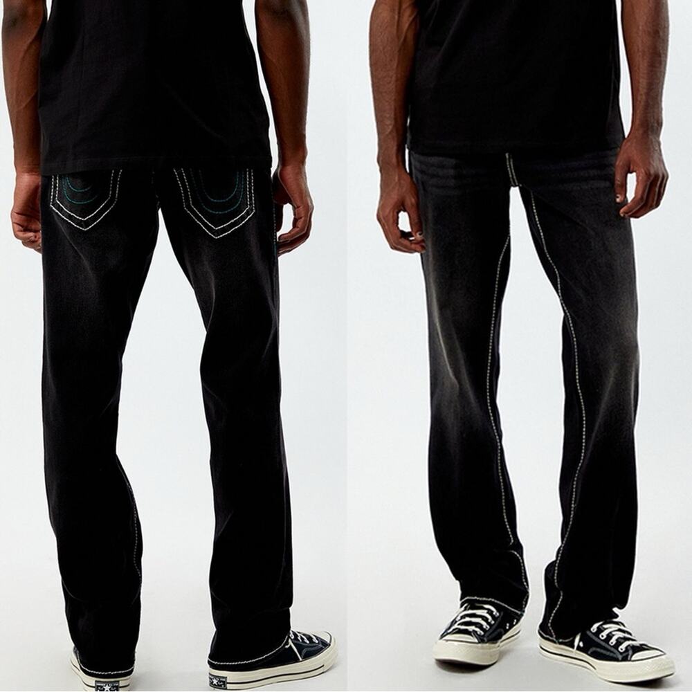 NEW TRUE RELIGION MENS Black White Ricky Relaxed Straight Leg Denim Jeans 30